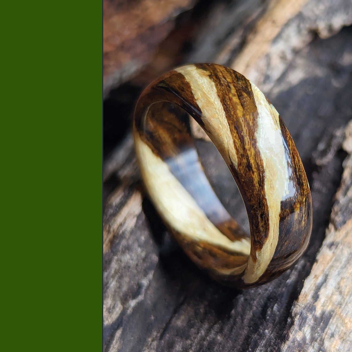 Grown Rings Bocote and Driftwood Spiral Grain Handmade Wooden Ring