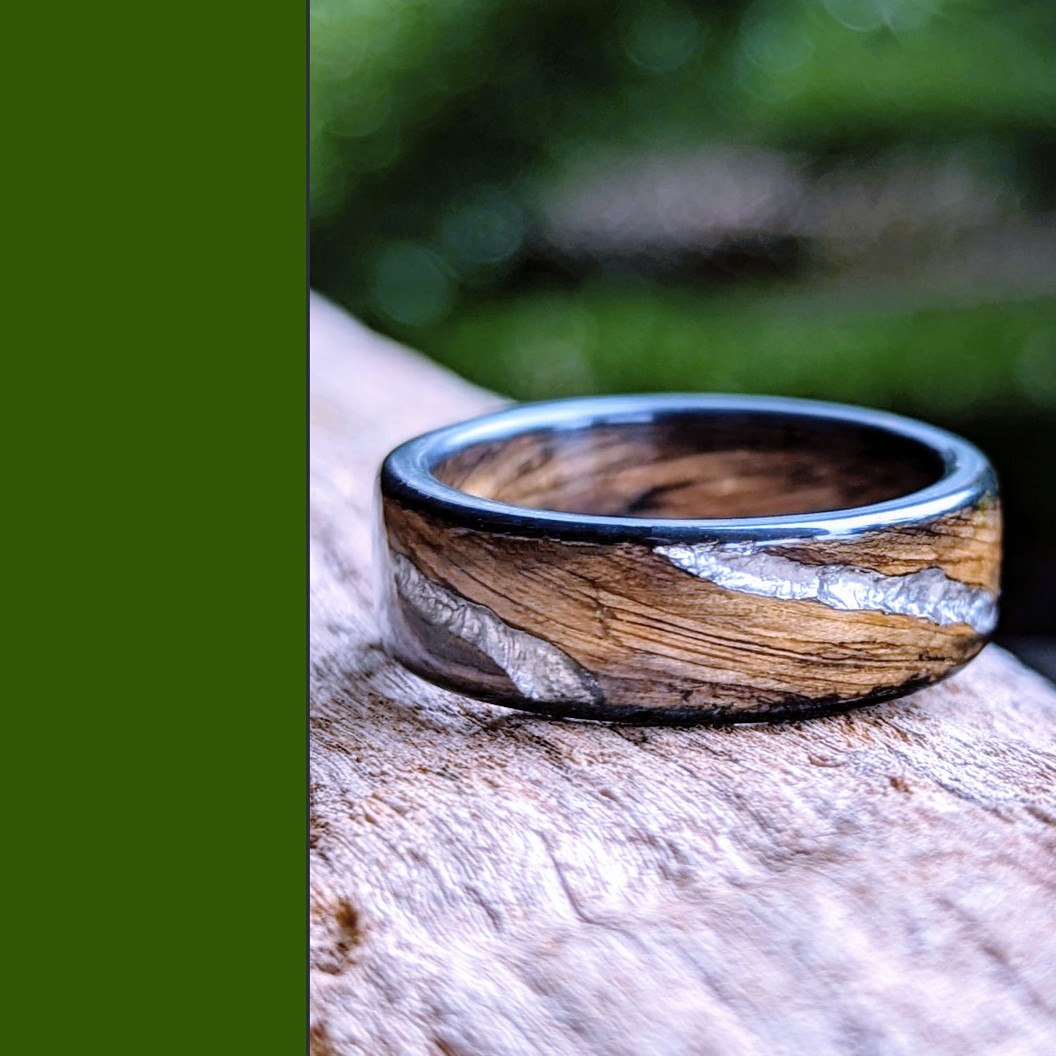 Grown Rings Smoked Jameson Whiskey Barrel Ring with Platinum Spiral Veins Handmade Custom wooden ring