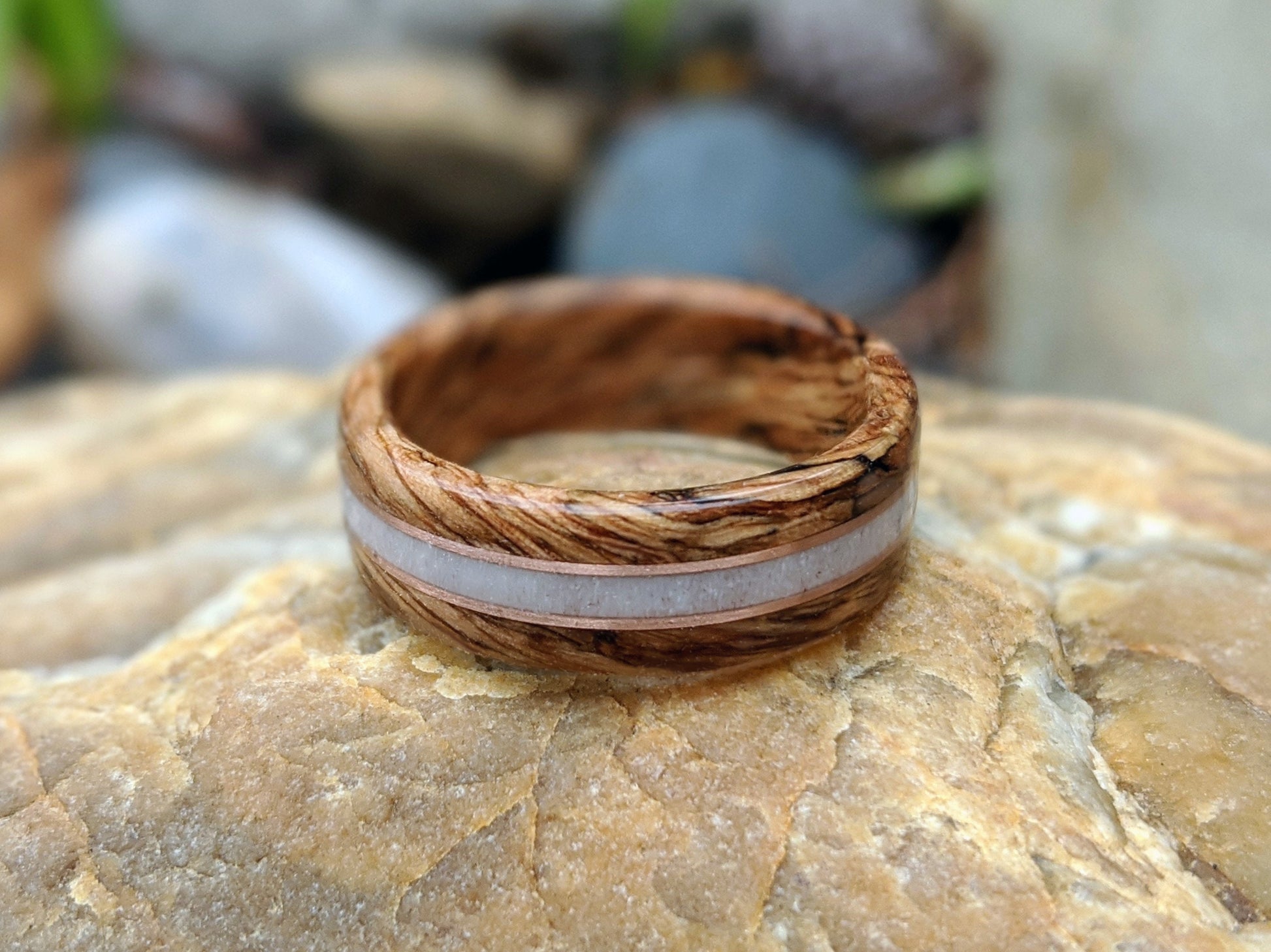 Whiskey Barrel Wood Ring with 14k Rose Gold and Deer Antler Inlay, made with Jack Daniels Whiskey Barrel Jack Daniels Rings Wedding Bands GrownRings Whiskey Barrel Ring, White oak, Handmade, Reclaimed Wood, mens ring handmade, custom wood ring, Womens ring, rings made of wood, Bartender Gift, Anniversary gift, Jack Daniels, gift for her, rose gold ring