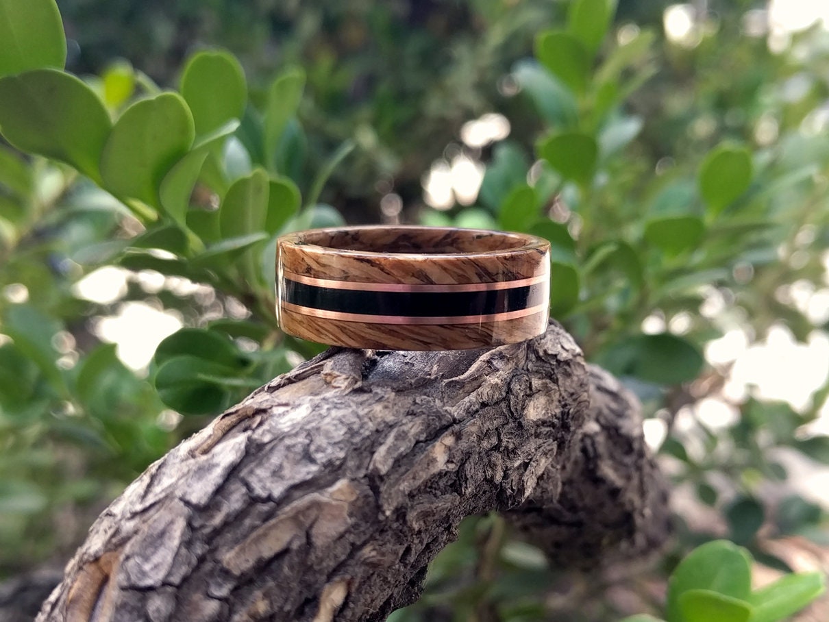 Whiskey Barrel and Ebony Wood Ring with 14k Rose Gold Inlay, made with Jack Daniels Whiskey Barrel Jack Daniels Rings Wedding Bands GrownRings Whiskey Barrel Ring, White oak, Handmade, Reclaimed Wood, mens ring handmade, custom wood ring, Womens ring, rings made of wood, Bartender Gift, Anniversary gift, Jack Daniels, gift for her, Ebony