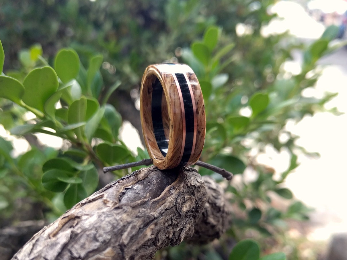 Whiskey Barrel and Ebony Wood Ring with 14k Rose Gold Inlay, made with Jack Daniels Whiskey Barrel Jack Daniels Rings Wedding Bands GrownRings Whiskey Barrel Ring, White oak, Handmade, Reclaimed Wood, mens ring handmade, custom wood ring, Womens ring, rings made of wood, Bartender Gift, Anniversary gift, Jack Daniels, gift for her, Ebony