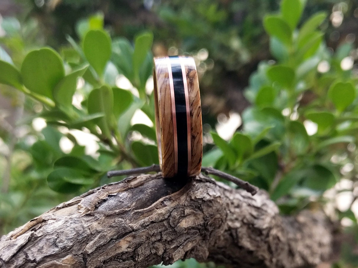 Whiskey Barrel and Ebony Wood Ring with 14k Rose Gold Inlay, made with Jack Daniels Whiskey Barrel Jack Daniels Rings Wedding Bands GrownRings Whiskey Barrel Ring, White oak, Handmade, Reclaimed Wood, mens ring handmade, custom wood ring, Womens ring, rings made of wood, Bartender Gift, Anniversary gift, Jack Daniels, gift for her, Ebony