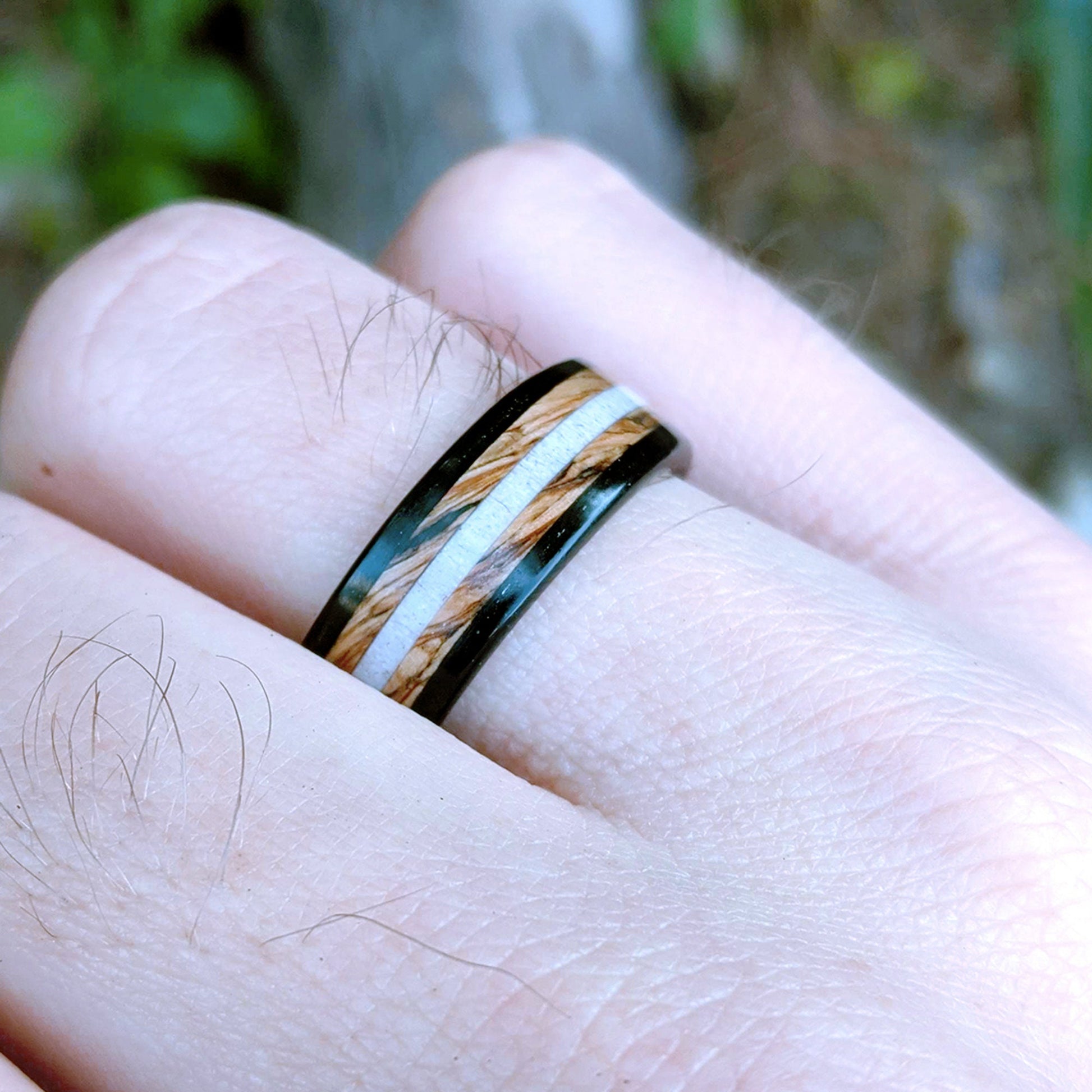 Whiskey Barrel and Ebony Wood Ring with Deer Antler, made with Jack Daniels Whiskey Barrel Jack Daniels Rings Wedding Bands GrownRings Whiskey Barrel Ring, White oak, Handmade, Reclaimed Wood, mens ring handmade, custom wood ring, Womens ring, rings made of wood, Bartender Gift, Anniversary gift, Jack Daniels, gift for her, Ebony