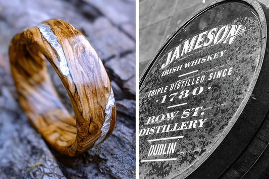 Jameson Whiskey Barrel Wood Ring with .999 pure Silver Vein Inlays Jameson Whiskey Rings Wedding Bands GrownRings Jack Daniels Barrel, Whiskey Barrel Ring, White oak, Handmade, Reclaimed Wood, mens ring handmade, custom wood ring, Womens ring, rings made of wood, Bartender Gift, Anniversary gift, Irish wedding, Jameson Whiskey Barrel