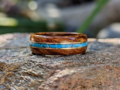 Ancient Kauri Wood Ring with 14k Yellow Gold and Turquoise channel Inlays Wood and Stone Rings Wedding Bands GrownRings Handmade, Reclaimed Wood, mens ring handmade, custom wood ring, Womens ring, Bartender Gift, Anniversary gift, Gold, stone inlay, Stone ring, December, aquamarine, blue stone