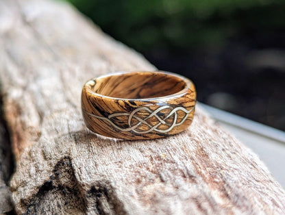 Desert Ironwood Wood Ring with 11k White Gold Celtic Knot Inlay Wood and Gold Rings Bands GrownRings 12K White Gold, Desert Ironwood, Handmade, Gold Inlay, mens wedding band, Game of Thrones Ring, wooden ring men, wooden engagement ring, wooden wedding ring, wooden wedding band, Fantasy Ring, White Gold Ring, Wood ring for woman