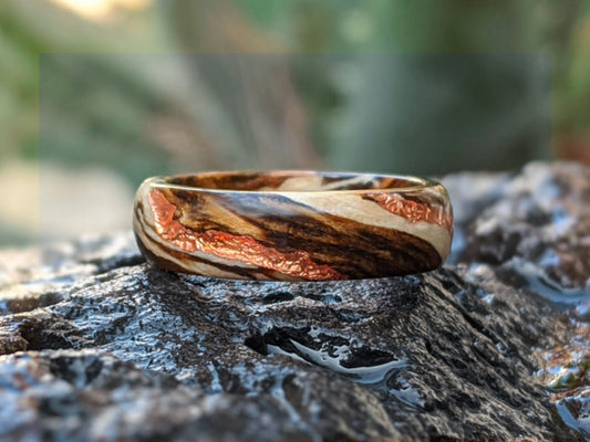 Driftwood and Bocote Wood Ring with 22k Rose Gold Vein Inlay Wood and Gold Rings Wedding Bands GrownRings Rose Gold, Driftwood, Bocote, Handmade, Gold Inlay, mens wedding band, wooden ring men, wooden engagement ring, wooden wedding ring, wooden wedding band, Driftwood Ring, Sailing ring, Destination wedding