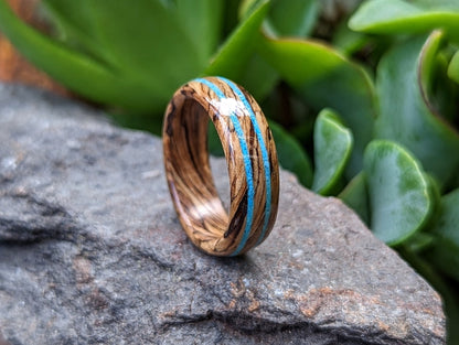 Whiskey Barrel Wood Ring with Turquoise Inlay, made with Jack Daniels Whiskey Barrel Jack Daniels Rings Wedding Bands GrownRings Whiskey Barrel Ring, White oak, Handmade, Reclaimed Wood, mens ring handmade, custom wood ring, Womens ring, Anniversary gift, platinum ring, Jack Daniels, gift for her, blue ring, stone