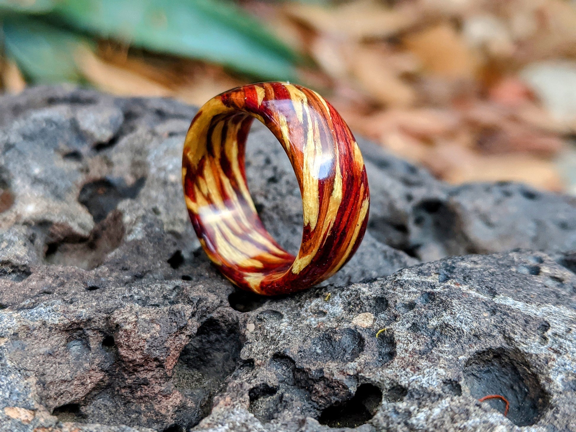 Ring Of Fire - Bloodwood, Yew and Yellowheart Wood Ring All Wood Rings Bands GrownRings Handmade, Reclaimed Wood, mens ring handmade, custom wood ring, Womens ring, rings made of wood, Anniversary gift, Irish wedding, yew, yellowheart, bloodwood