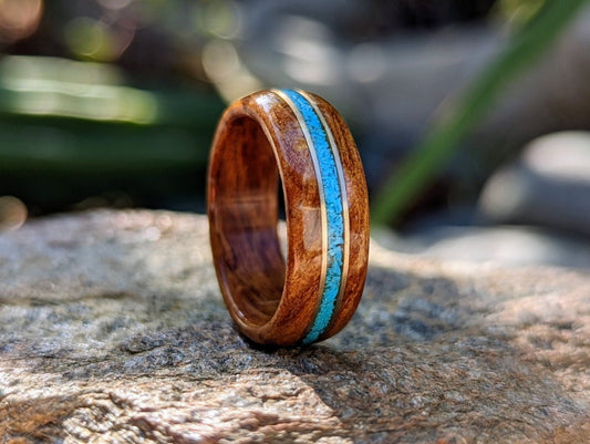 Ancient Kauri Wood Ring with 14k Yellow Gold and Turquoise channel Inlays Wood and Stone Rings Wedding Bands GrownRings Handmade, Reclaimed Wood, mens ring handmade, custom wood ring, Womens ring, Bartender Gift, Anniversary gift, Gold, stone inlay, Stone ring, December, aquamarine, blue stone