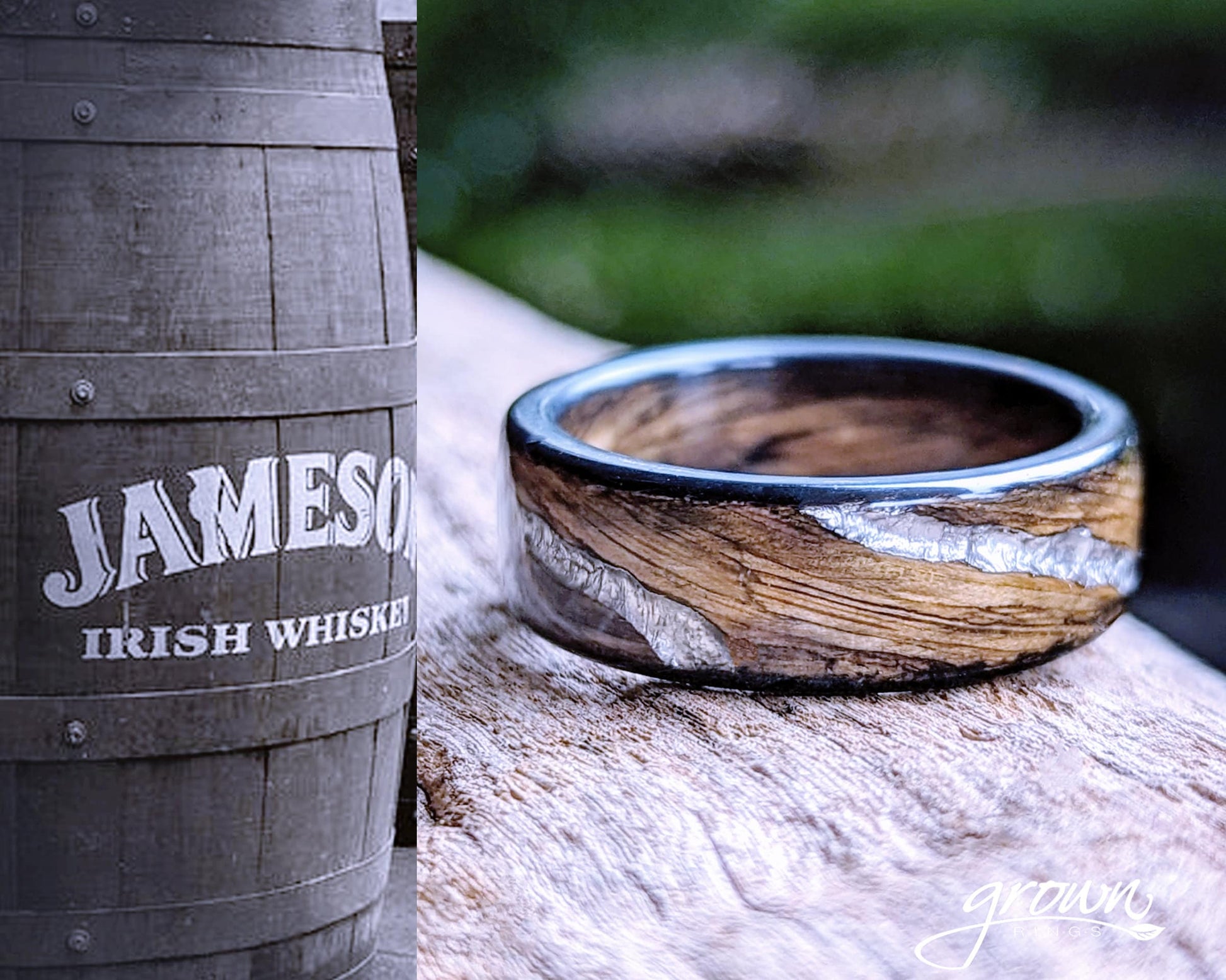 Jameson Whiskey Barrel Wood Ring with Smoked Edges and Platinum Spiral Vein Inlays Jameson Whiskey Rings Wedding Bands GrownRings Jack Daniels Barrel, Whiskey Barrel Ring, White oak, Handmade, Reclaimed Wood, mens ring handmade, custom wood ring, Womens ring, rings made of wood, Bartender Gift, Anniversary gift, Irish wedding, Jameson Whiskey Barrel