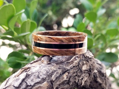 Whiskey Barrel and Ebony Wood Ring with 14k Rose Gold Inlay, made with Jack Daniels Whiskey Barrel Jack Daniels Rings Wedding Bands GrownRings Whiskey Barrel Ring, White oak, Handmade, Reclaimed Wood, mens ring handmade, custom wood ring, Womens ring, rings made of wood, Bartender Gift, Anniversary gift, Jack Daniels, gift for her, Ebony