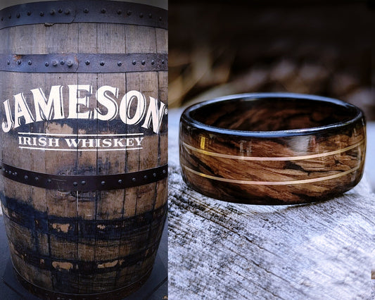 Jameson Whiskey Barrel Wood Ring with Smoked Edges and 14K Yellow Gold Inlay Jameson Whiskey Rings Wedding Bands GrownRings Jack Daniels Barrel, Whiskey Barrel Ring, White oak, Handmade, Reclaimed Wood, mens ring handmade, custom wood ring, Womens ring, rings made of wood, Bartender Gift, Anniversary gift, Irish wedding, Jameson Whiskey Barrel