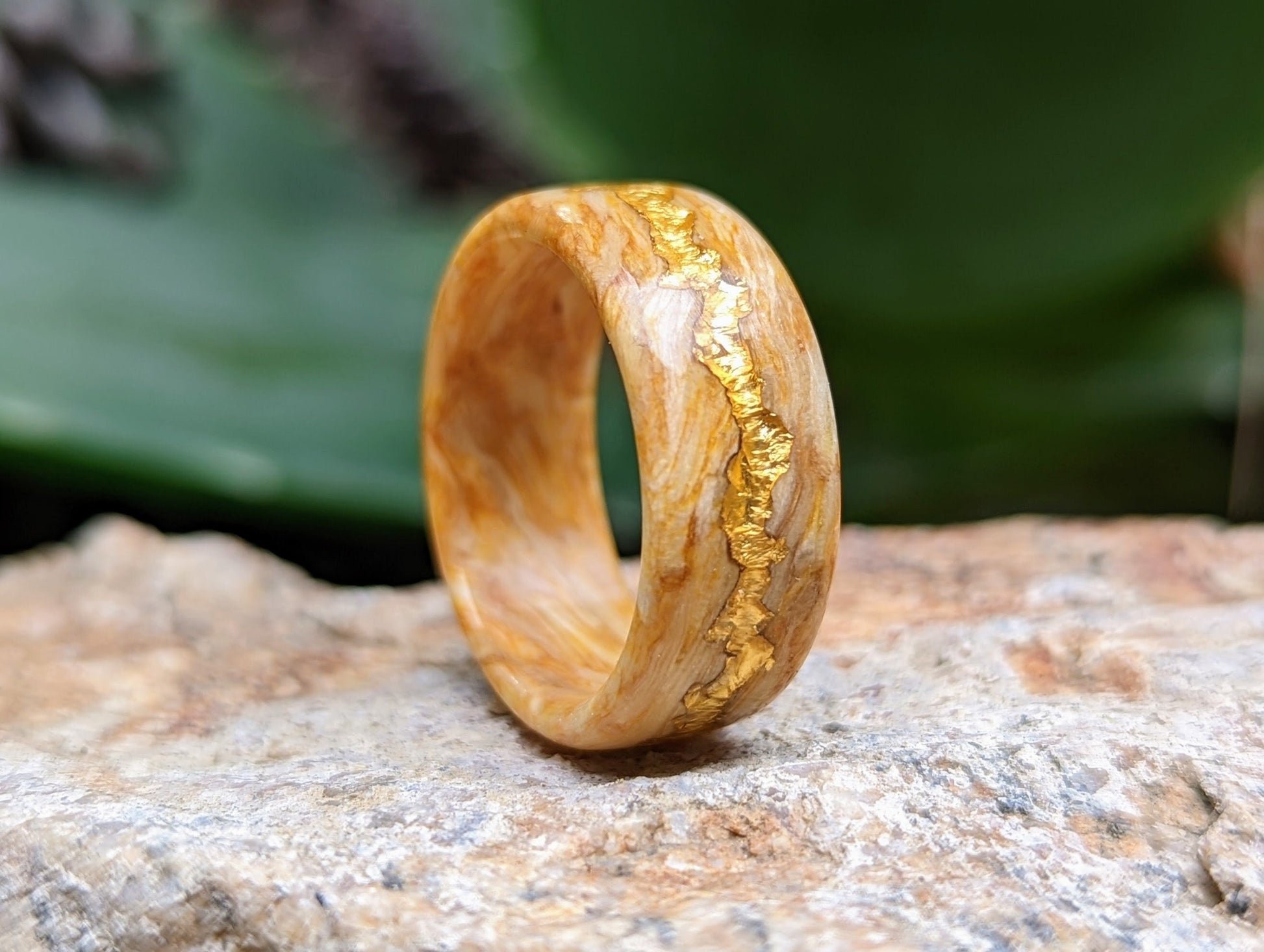 Satin Box Wood Ring with 24K Yellow Gold Vein Inlay Wood and Gold Rings Wedding Bands GrownRings Gold, Desert Ironwood, 24k Gold, Handmade, Reclaimed Wood, mens ring, mens gold ring, unique wedding bands, Mens Ring Handmade, wooden wedding rings Koa wood rings alt, Male wedding bands, satin box, wood