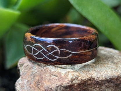 Desert Ironwood Wood Ring with 11k White Gold Celtic Knot Inlay Wood and Gold Rings Bands GrownRings 12K White Gold, Desert Ironwood, Handmade, Gold Inlay, mens wedding band, Game of Thrones Ring, wooden ring men, wooden engagement ring, wooden wedding ring, wooden wedding band, Fantasy Ring, White Gold Ring, Wood ring for woman