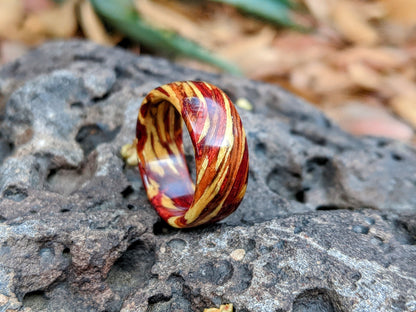 Ring Of Fire - Bloodwood, Yew and Yellowheart Wood Ring All Wood Rings Bands GrownRings Handmade, Reclaimed Wood, mens ring handmade, custom wood ring, Womens ring, rings made of wood, Anniversary gift, Irish wedding, yew, yellowheart, bloodwood