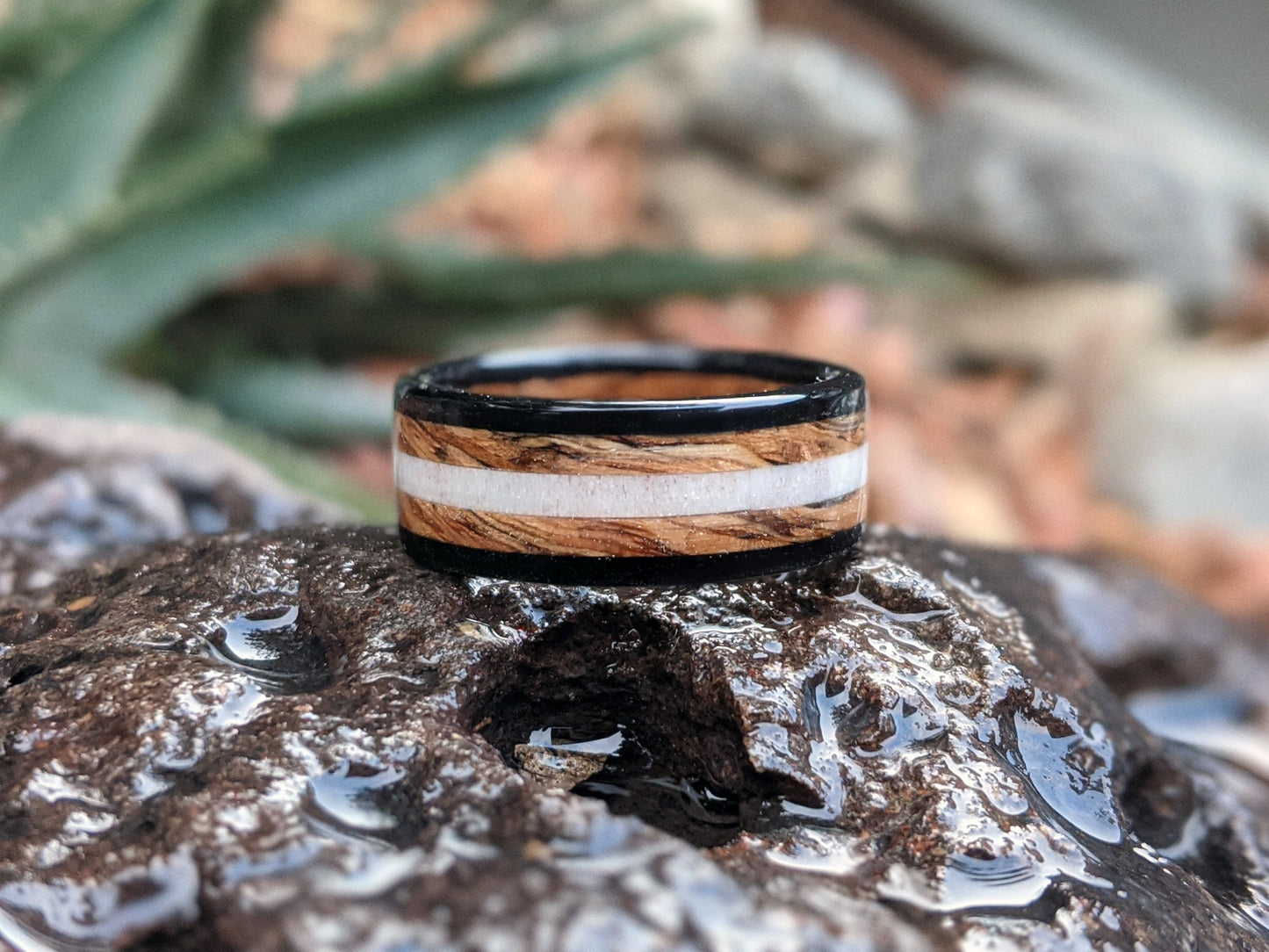 Whiskey Barrel and Ebony Wood Ring with Deer Antler, made with Jack Daniels Whiskey Barrel Jack Daniels Rings Wedding Bands GrownRings Whiskey Barrel Ring, White oak, Handmade, Reclaimed Wood, mens ring handmade, custom wood ring, Womens ring, rings made of wood, Bartender Gift, Anniversary gift, Jack Daniels, gift for her, Ebony