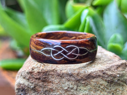 Desert Ironwood Wood Ring with 11k White Gold Celtic Knot Inlay Wood and Gold Rings Bands GrownRings 12K White Gold, Desert Ironwood, Handmade, Gold Inlay, mens wedding band, Game of Thrones Ring, wooden ring men, wooden engagement ring, wooden wedding ring, wooden wedding band, Fantasy Ring, White Gold Ring, Wood ring for woman