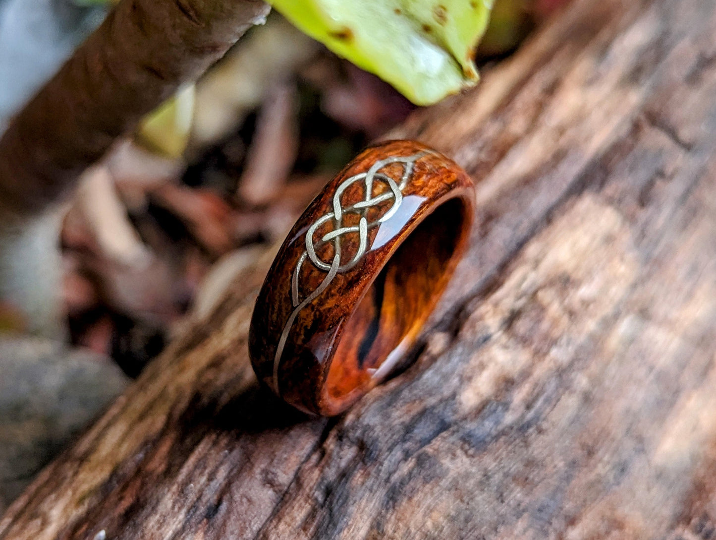 Desert Ironwood Wood Ring with 11k White Gold Celtic Knot Inlay Wood and Gold Rings Bands GrownRings 12K White Gold, Desert Ironwood, Handmade, Gold Inlay, mens wedding band, Game of Thrones Ring, wooden ring men, wooden engagement ring, wooden wedding ring, wooden wedding band, Fantasy Ring, White Gold Ring, Wood ring for woman