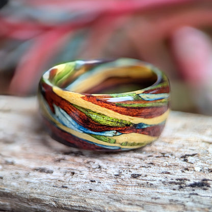 The Spectrum Wood Ring - Emerald Maple, Bloodwood, Yellowheart, Blue Maple, Purpleheart and Yew All Wood Rings Bands GrownRings Handmade, Reclaimed Wood, mens ring handmade, custom wood ring, Womens ring, rings made of wood, Anniversary gift, yew, yellowheart, bloodwood, rainbow, grown rings