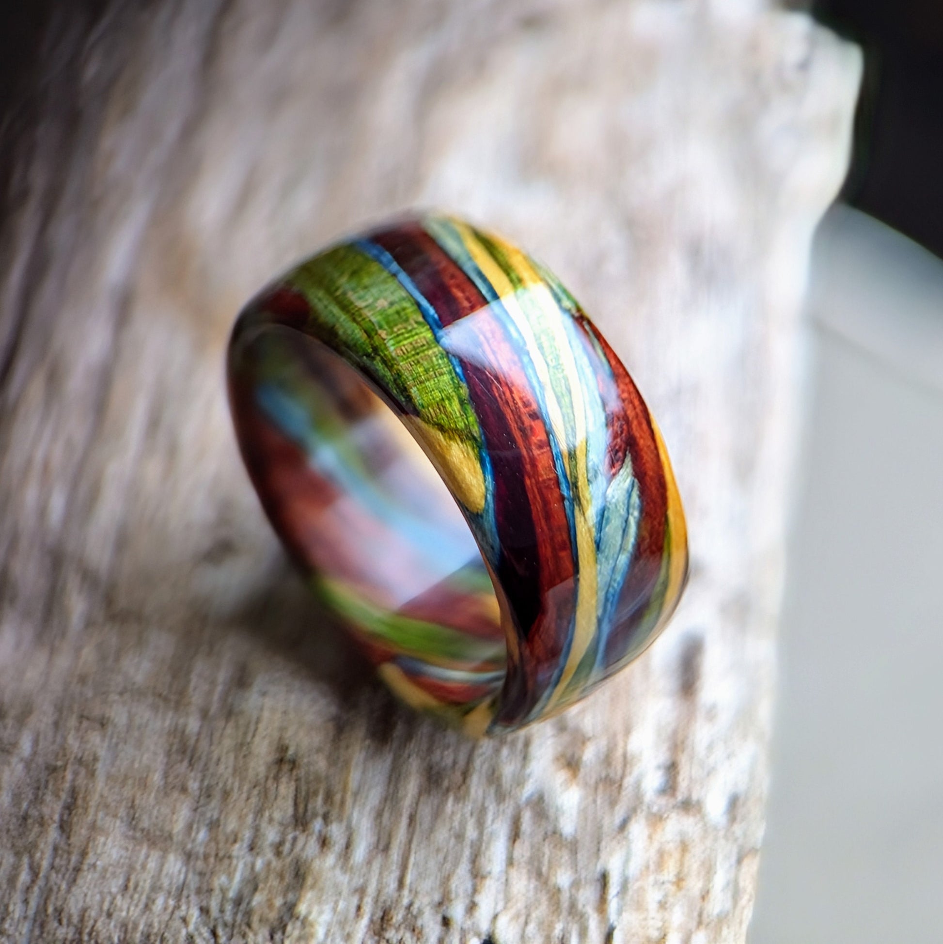 The Spectrum Wood Ring - Emerald Maple, Bloodwood, Yellowheart, Blue Maple, Purpleheart and Yew All Wood Rings Bands GrownRings Handmade, Reclaimed Wood, mens ring handmade, custom wood ring, Womens ring, rings made of wood, Anniversary gift, yew, yellowheart, bloodwood, rainbow, grown rings