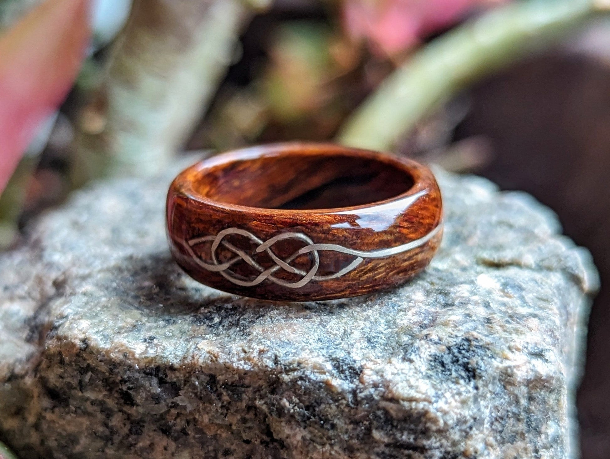 Desert Ironwood Wood Ring with 11k White Gold Celtic Knot Inlay Wood and Gold Rings Bands GrownRings 12K White Gold, Desert Ironwood, Handmade, Gold Inlay, mens wedding band, Game of Thrones Ring, wooden ring men, wooden engagement ring, wooden wedding ring, wooden wedding band, Fantasy Ring, White Gold Ring, Wood ring for woman