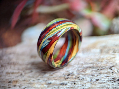 The Spectrum Wood Ring - Emerald Maple, Bloodwood, Yellowheart, Blue Maple, Purpleheart and Yew All Wood Rings Bands GrownRings Handmade, Reclaimed Wood, mens ring handmade, custom wood ring, Womens ring, rings made of wood, Anniversary gift, yew, yellowheart, bloodwood, rainbow, grown rings