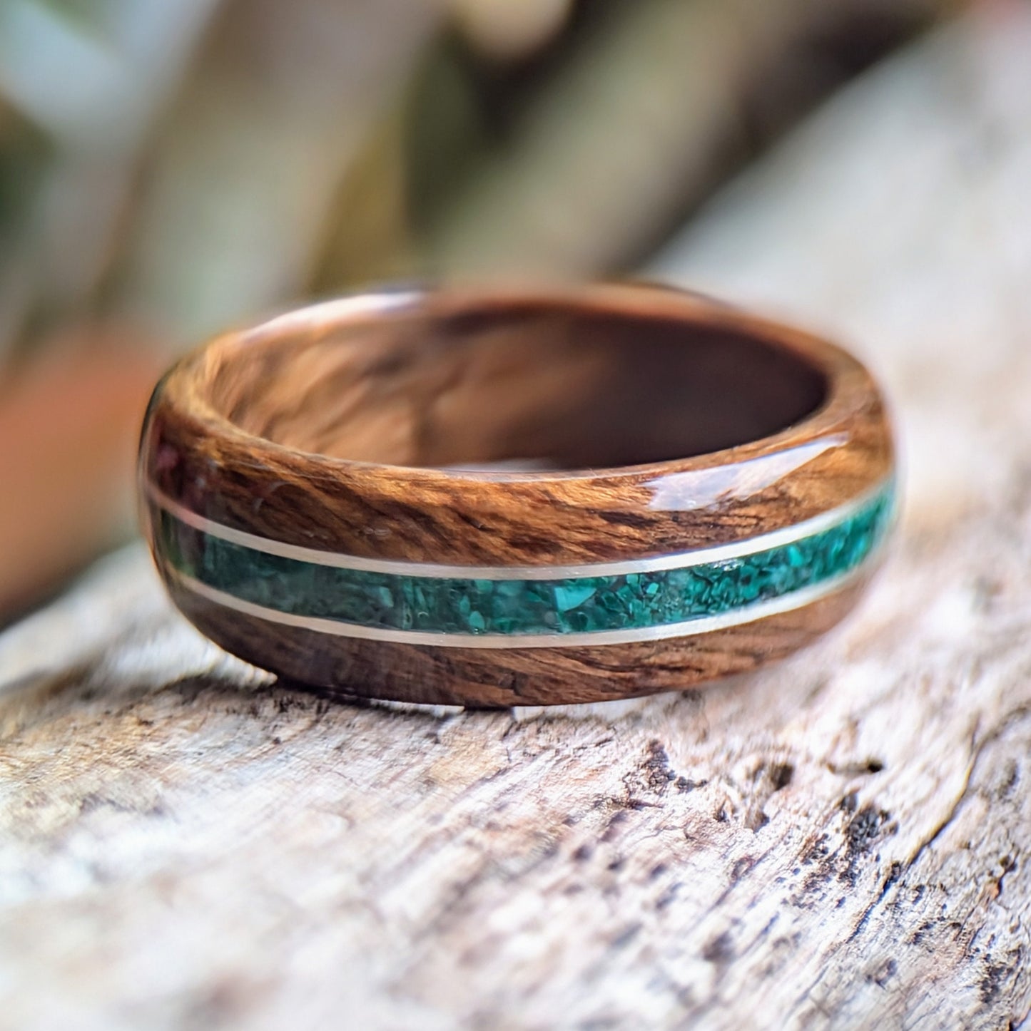 American Black Walnut Wood Ring with .999 pure Silver and Malachite channel Inlays Wood and Stone Rings Wedding Bands GrownRings White oak, Handmade, Reclaimed Wood, mens ring handmade, custom wood ring, Womens ring, Bartender Gift, Anniversary gift, Gold, stone inlay, Silver, Stone ring, Green stone ring