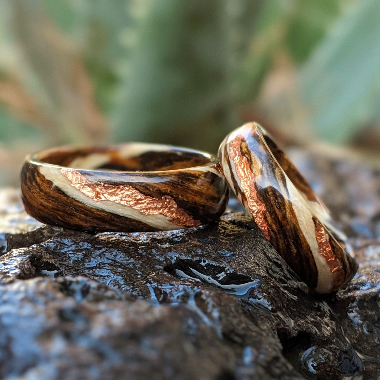 Driftwood and Bocote Wood Ring with 22k Rose Gold Vein Inlay Wood and Gold Rings Wedding Bands GrownRings Rose Gold, Driftwood, Bocote, Handmade, Gold Inlay, mens wedding band, wooden ring men, wooden engagement ring, wooden wedding ring, wooden wedding band, Driftwood Ring, Sailing ring, Destination wedding