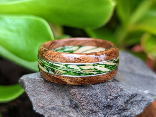 Walnut and Emerald Maple Wood Ring with Platinum Inlay Wood and Gold Rings Wedding & Engagement GrownRings Walnut, 8mm wide, Handmade, Natural, Reclaimed Wood, mens ring wood, mens ring, mens gift ideas, mens wood ring, Sustainable, walnut wedding ring, Maple ring, Maple