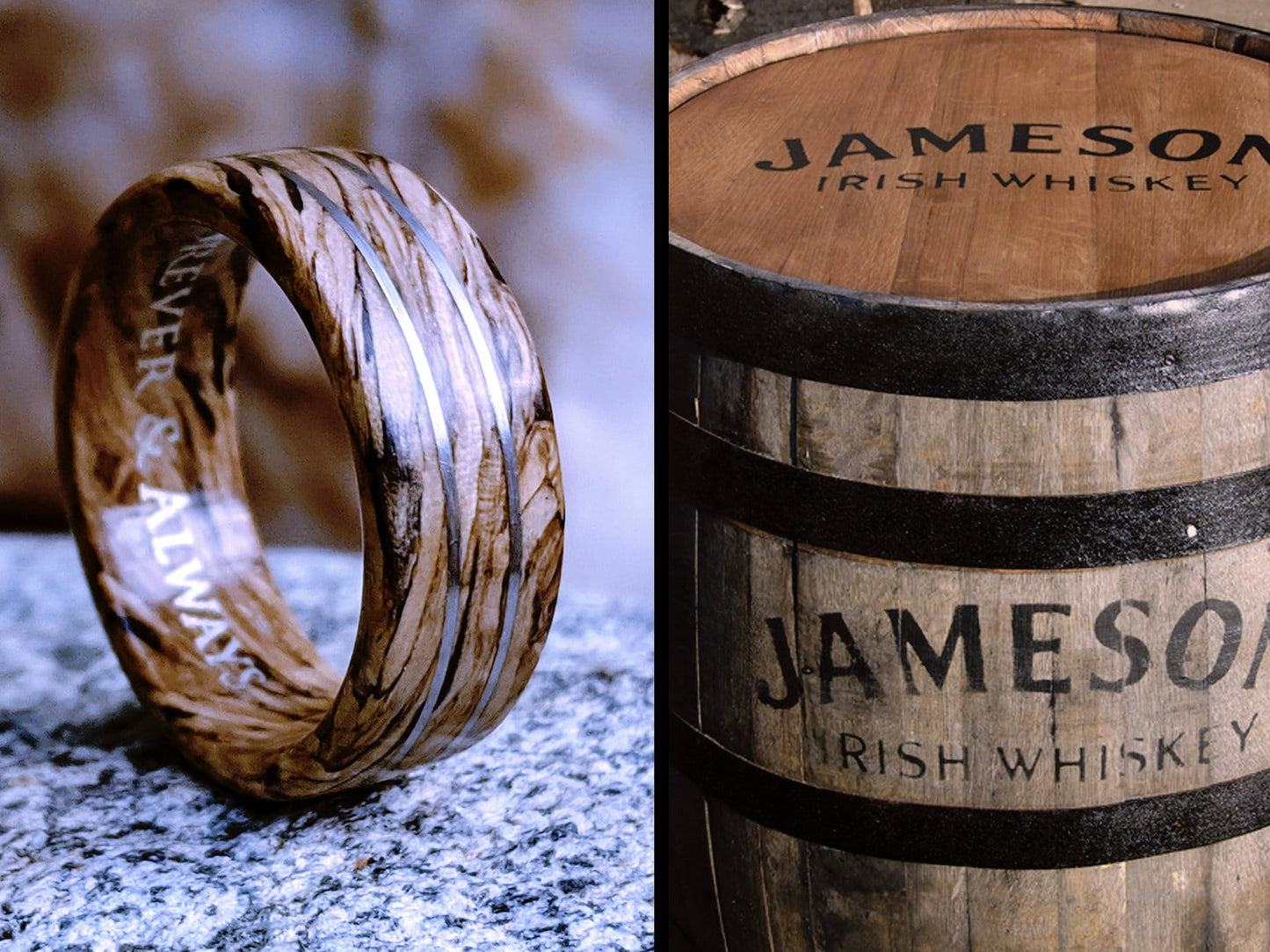 Jameson Whiskey Barrel Wood Ring with Platinum Inlay Jameson Whiskey Rings Wedding Bands GrownRings Whiskey Barrel Ring, White oak, Handmade, Reclaimed Wood, mens ring handmade, custom wood ring, Womens ring, rings made of wood, Bartender Gift, Anniversary gift, Irish wedding, Jameson Whiskey Barrel, platinum ring