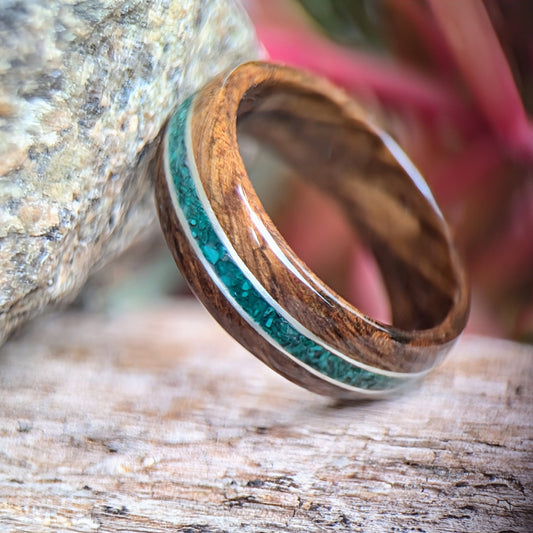 American Black Walnut Wood Ring with .999 pure Silver and Malachite channel Inlays Wood and Stone Rings Wedding Bands GrownRings White oak, Handmade, Reclaimed Wood, mens ring handmade, custom wood ring, Womens ring, Bartender Gift, Anniversary gift, Gold, stone inlay, Silver, Stone ring, Green stone ring