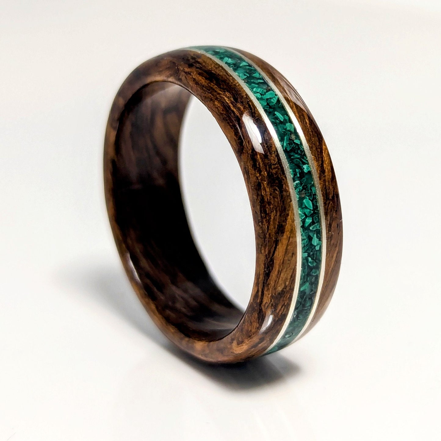 American Black Walnut Wood Ring with .999 pure Silver and Malachite channel Inlays Wood and Stone Rings Wedding Bands GrownRings White oak, Handmade, Reclaimed Wood, mens ring handmade, custom wood ring, Womens ring, Bartender Gift, Anniversary gift, Gold, stone inlay, Silver, Stone ring, Green stone ring