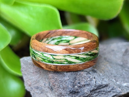 Walnut and Emerald Maple Wood Ring with Platinum Inlay Wood and Gold Rings Wedding & Engagement GrownRings Walnut, 8mm wide, Handmade, Natural, Reclaimed Wood, mens ring wood, mens ring, mens gift ideas, mens wood ring, Sustainable, walnut wedding ring, Maple ring, Maple