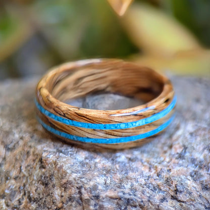 Whiskey Barrel Wood Ring with Turquoise Inlay, made with Jack Daniels Whiskey Barrel Jack Daniels Rings Wedding Bands GrownRings Whiskey Barrel Ring, White oak, Handmade, Reclaimed Wood, mens ring handmade, custom wood ring, Womens ring, Anniversary gift, platinum ring, Jack Daniels, gift for her, blue ring, stone