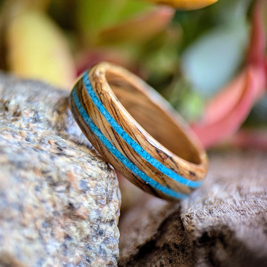 Whiskey Barrel Wood Ring with Turquoise Inlay, made with Jack Daniels Whiskey Barrel Jack Daniels Rings Wedding Bands GrownRings Whiskey Barrel Ring, White oak, Handmade, Reclaimed Wood, mens ring handmade, custom wood ring, Womens ring, Anniversary gift, platinum ring, Jack Daniels, gift for her, blue ring, stone