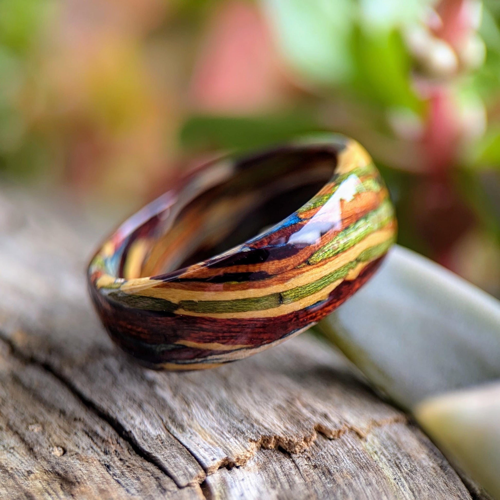 The Spectrum Wood Ring - Emerald Maple, Bloodwood, Yellowheart, Blue Maple, Purpleheart and Yew All Wood Rings Bands GrownRings Handmade, Reclaimed Wood, mens ring handmade, custom wood ring, Womens ring, rings made of wood, Anniversary gift, yew, yellowheart, bloodwood, rainbow, grown rings